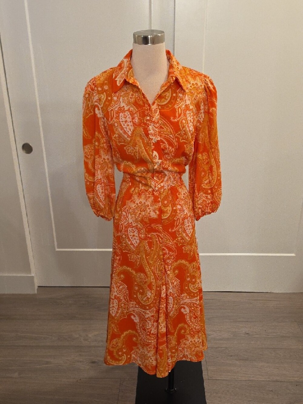 Tahari Orange Paisley Button-Front Midi Dress
